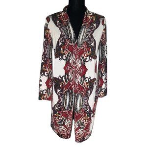 Chicos Boho Hippie 60s Paisely Wacky Colorful Sz Small Petite Long Open Cardigan